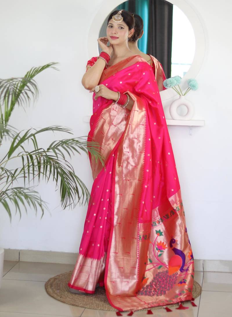 Pink elegant art silk woven saree with rich zari border