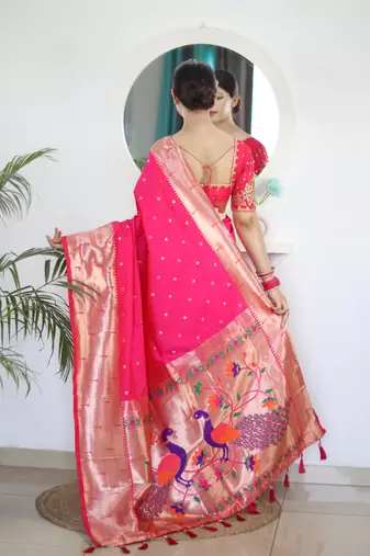 Pink elegant art silk woven saree with rich zari border