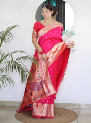 Pink elegant art silk woven saree with rich zari border 3