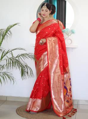 Red elegant art silk woven saree with rich zari border 1
