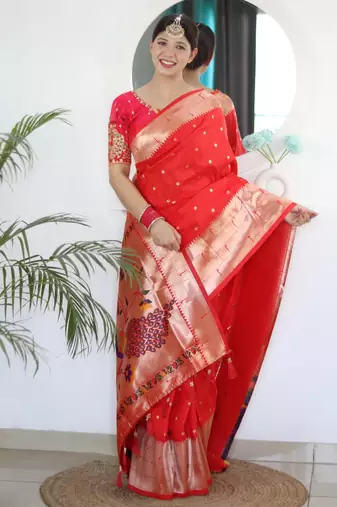 Red elegant art silk woven saree with rich zari border