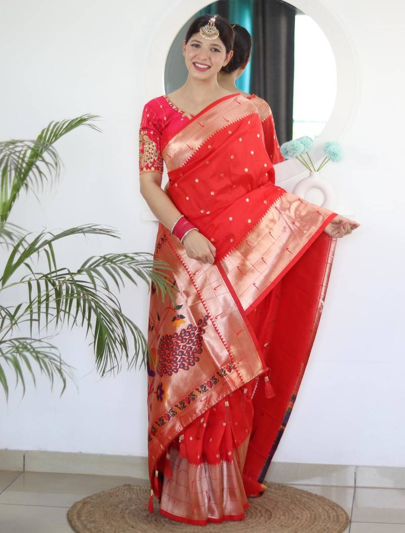 Red elegant art silk woven saree with rich zari border