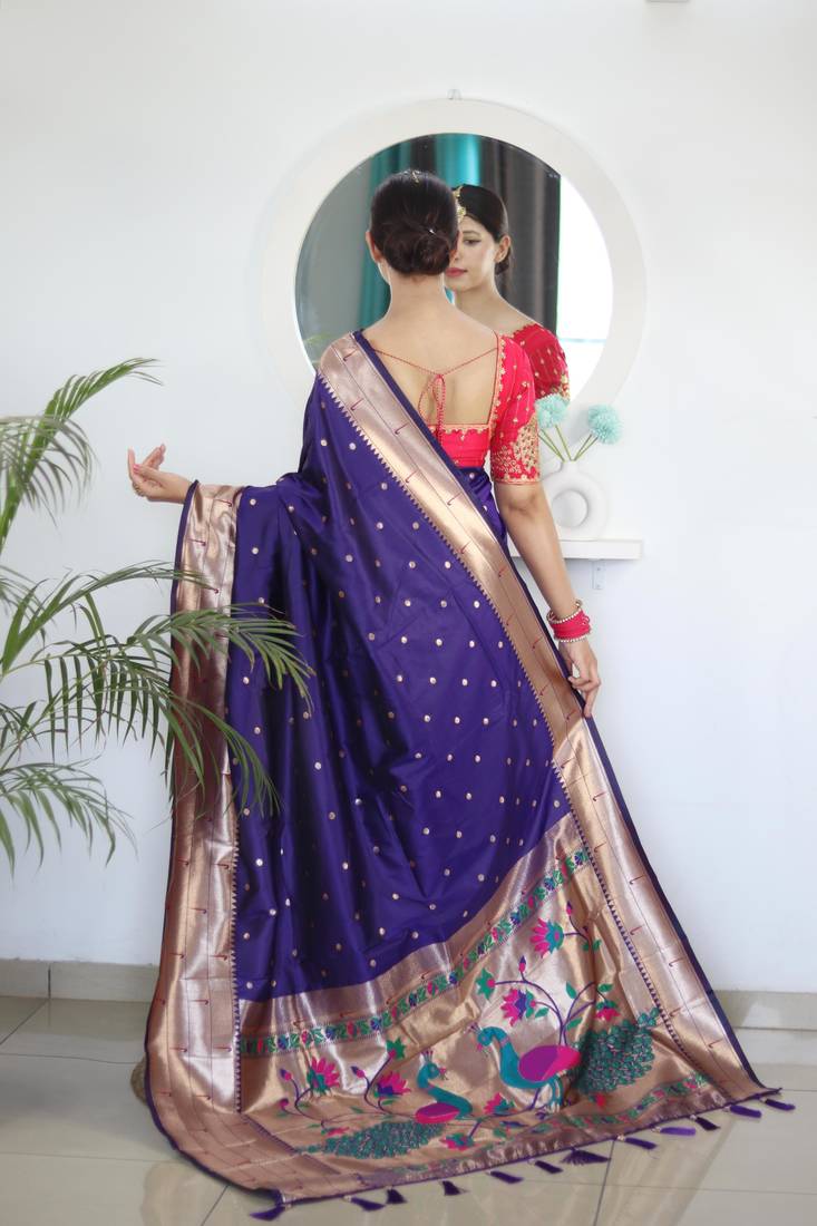 Violet elegant art silk woven saree with rich zari border