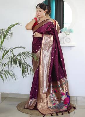 Wine elegant art silk woven saree with rich zari border 1