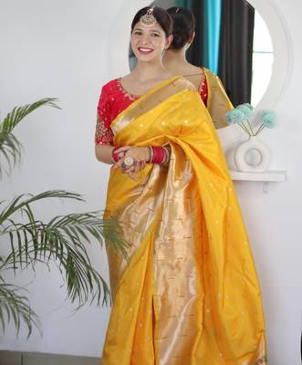 Yellow elegant art silk woven saree with rich zari border 3