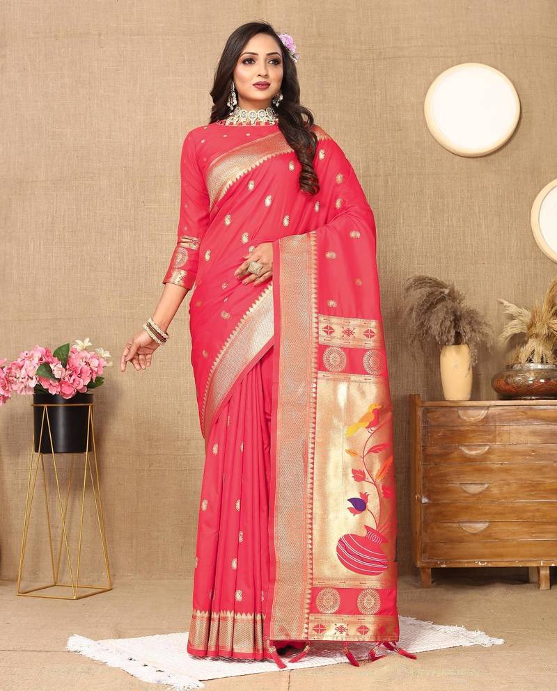 Light pink elegant art silk woven saree with rich zari border