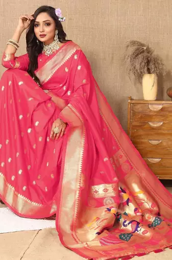 Light pink elegant art silk woven saree with rich zari border