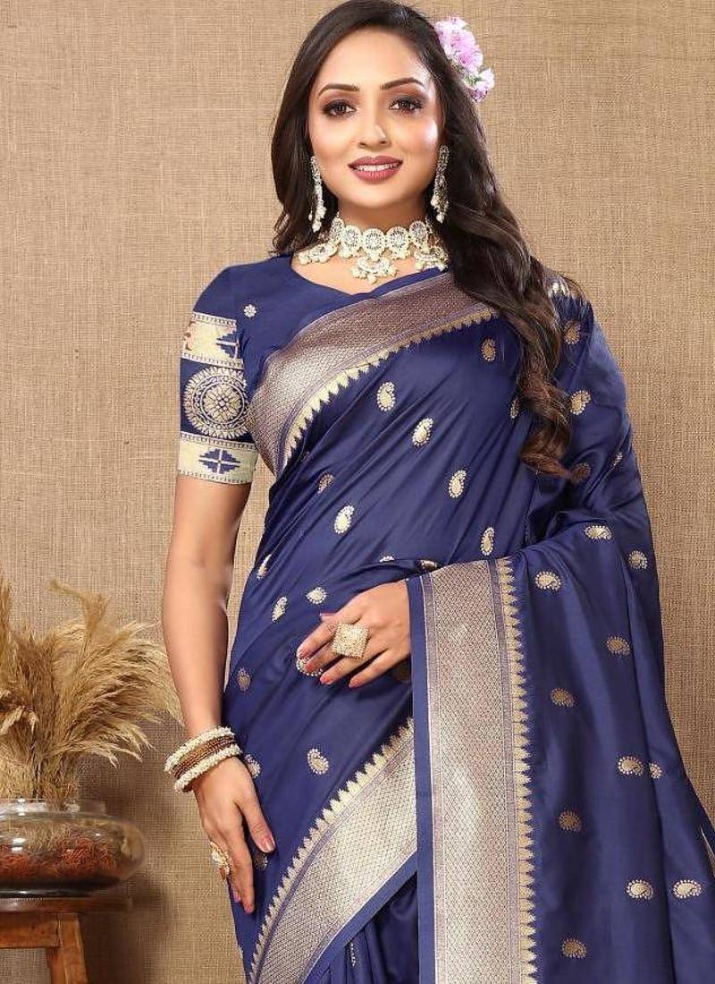 Navy blue elegant art silk woven saree with rich zari border
