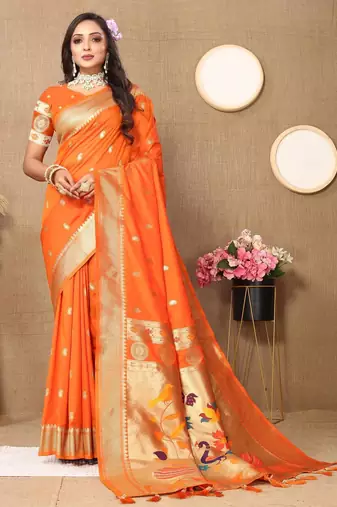 Orange elegant art silk woven saree with rich zari border