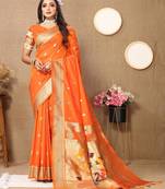Orange elegant art silk woven saree with rich zari border