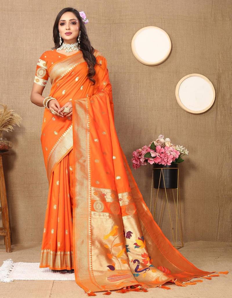 Orange elegant art silk woven saree with rich zari border