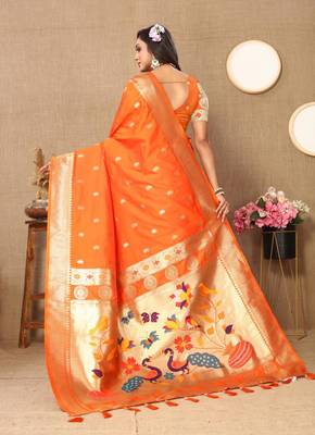 Orange elegant art silk woven saree with rich zari border 2