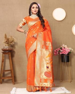 Orange elegant art silk woven saree with rich zari border 3