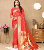 Red elegant art silk woven saree with rich zari border
