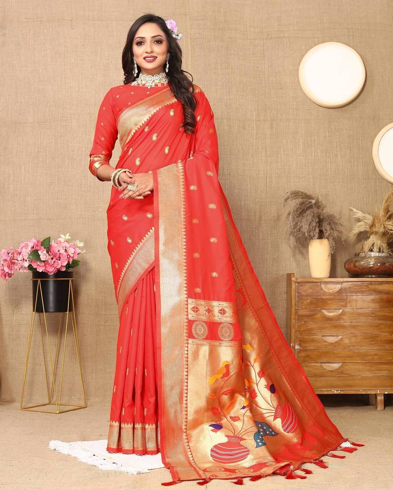 Red elegant art silk woven saree with rich zari border