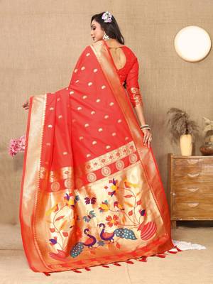 Red elegant art silk woven saree with rich zari border 2