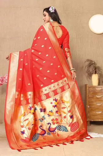 Red elegant art silk woven saree with rich zari border