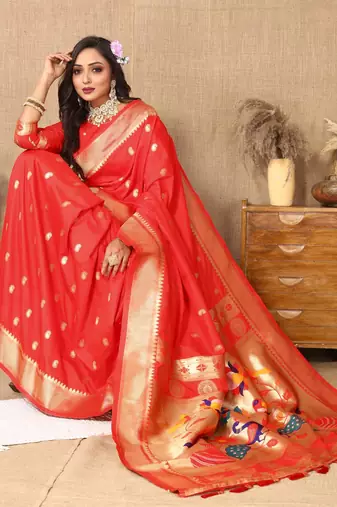Red elegant art silk woven saree with rich zari border