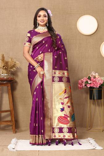 Wine elegant art silk woven saree with rich zari border