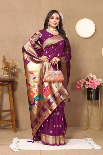 Wine elegant art silk woven saree with rich zari border