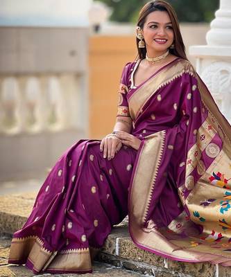Wine elegant art silk woven saree with rich zari border 5
