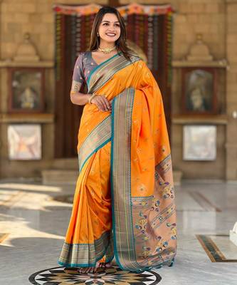 Mustard elegant art silk woven saree with rich zari border 1