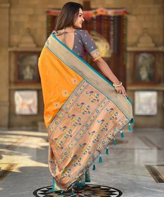 Mustard elegant art silk woven saree with rich zari border 2