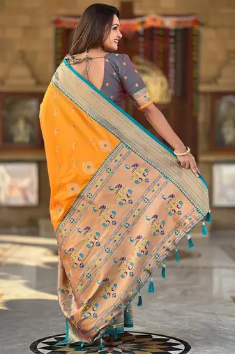 Mustard elegant art silk woven saree with rich zari border
