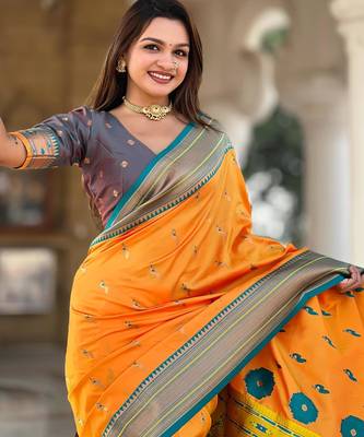 Mustard elegant art silk woven saree with rich zari border 3