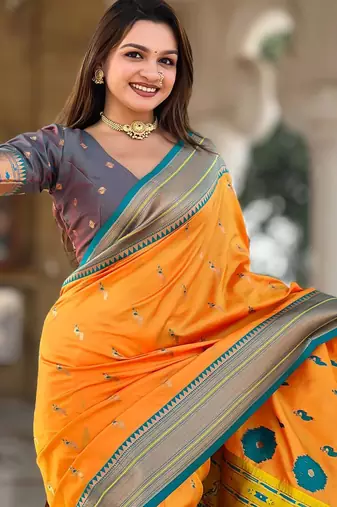 Mustard elegant art silk woven saree with rich zari border