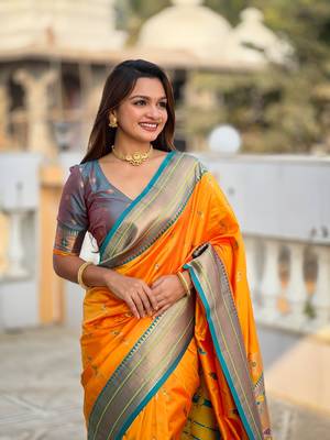 Mustard elegant art silk woven saree with rich zari border 4