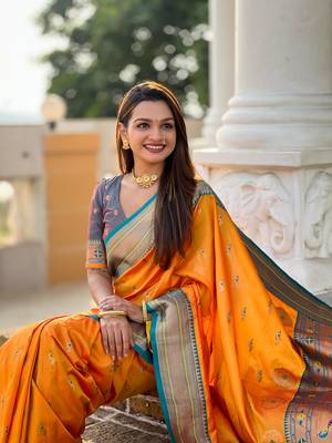 Mustard elegant art silk woven saree with rich zari border 5