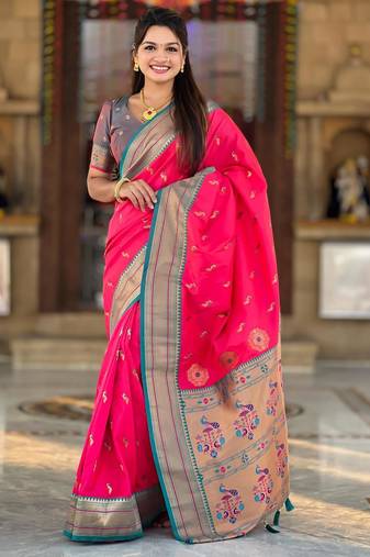 Pink elegant art silk woven saree with rich zari border