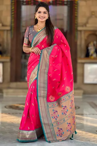 Pink elegant art silk woven saree with rich zari border