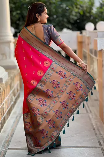 Pink elegant art silk woven saree with rich zari border