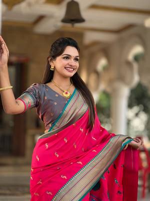 Pink elegant art silk woven saree with rich zari border 3