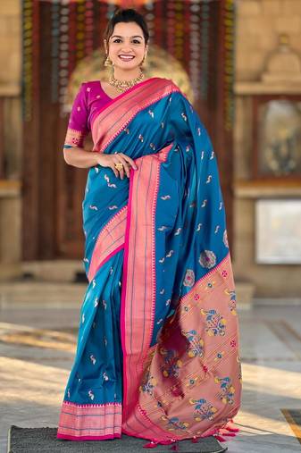 Sky blue elegant art silk woven saree with rich zari border