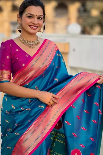Sky blue elegant art silk woven saree with rich zari border