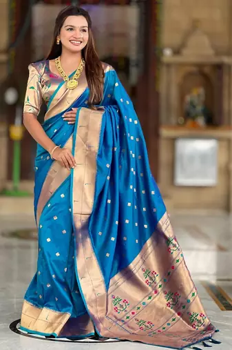 Turquoise elegant art silk woven saree with rich zari border