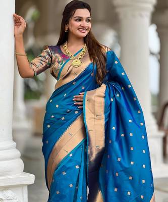 Turquoise elegant art silk woven saree with rich zari border 3