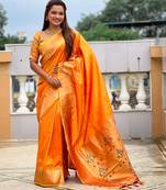 Orange elegant art silk woven saree with rich zari border