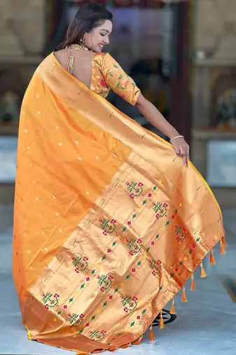 Orange elegant art silk woven saree with rich zari border