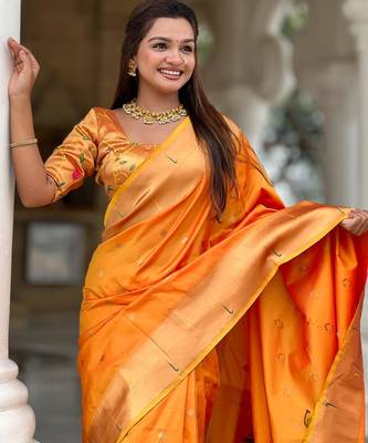 Orange elegant art silk woven saree with rich zari border 3