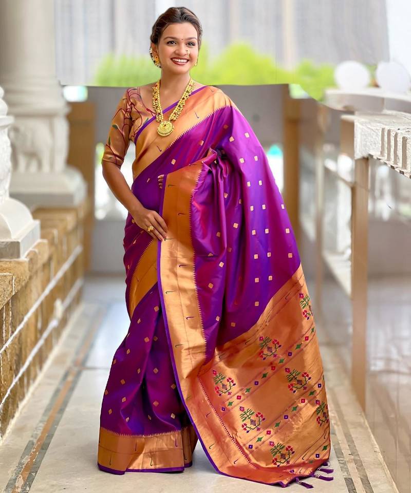Purple elegant art silk woven saree with rich zari border