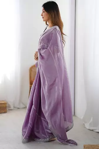 Lavender thread sequin organza silk party wear saree