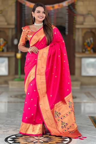 Pink elegant art silk woven saree with rich zari border