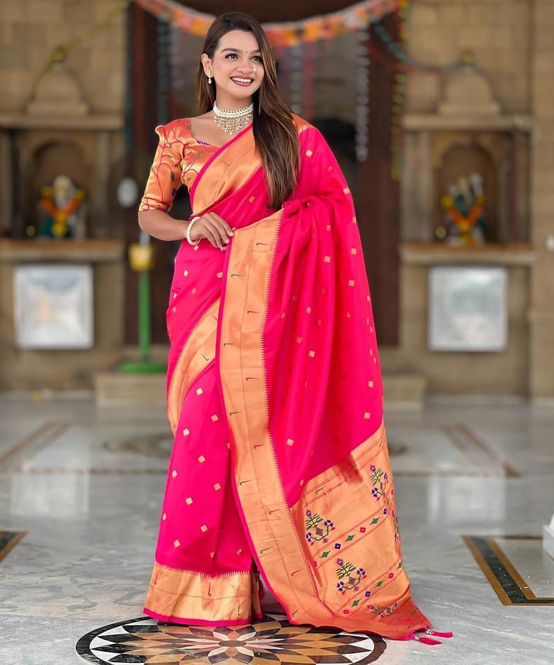 Pink elegant art silk woven saree with rich zari border