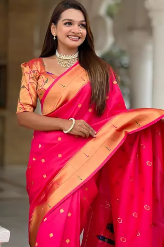 Pink elegant art silk woven saree with rich zari border