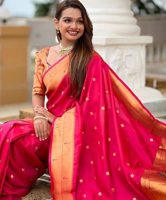 Pink elegant art silk woven saree with rich zari border 5