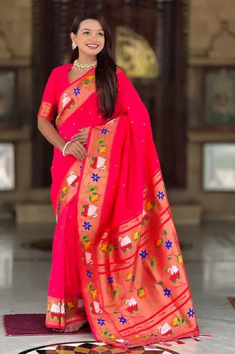 Pink elegant art silk woven saree with rich zari border